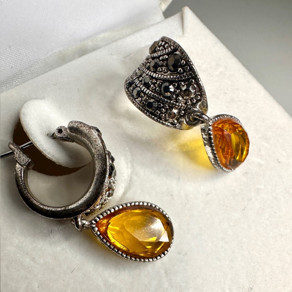 Citrine & Marcasite Style Silver Earrings - Hinged Post Hoops, Teardrop Dangle